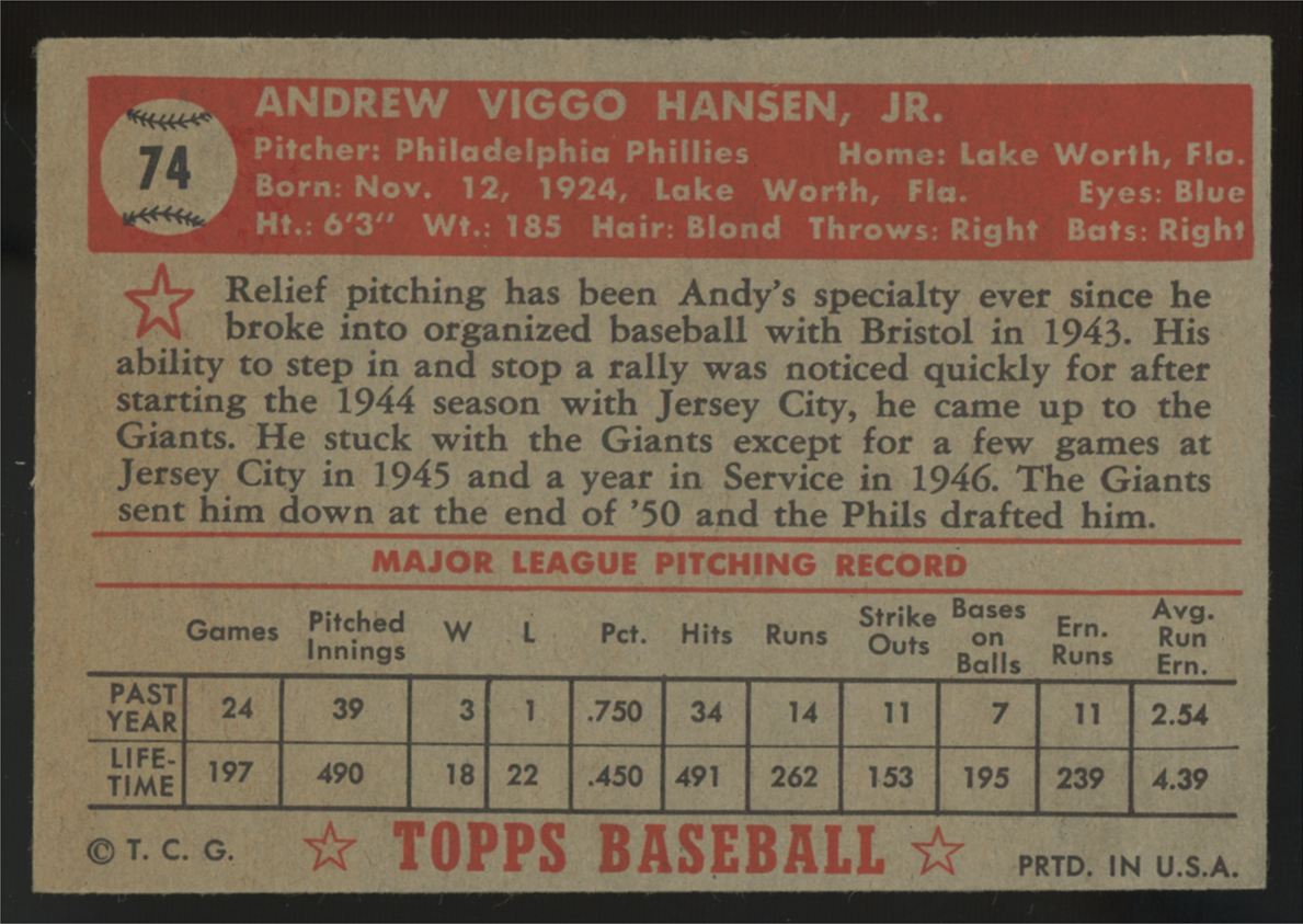 1952 Topps Andy Hansen RC #74 VG/EX