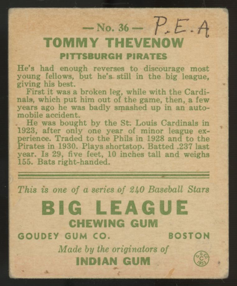 1933 Goudey Tommy Thevenow #36 VG (MK)