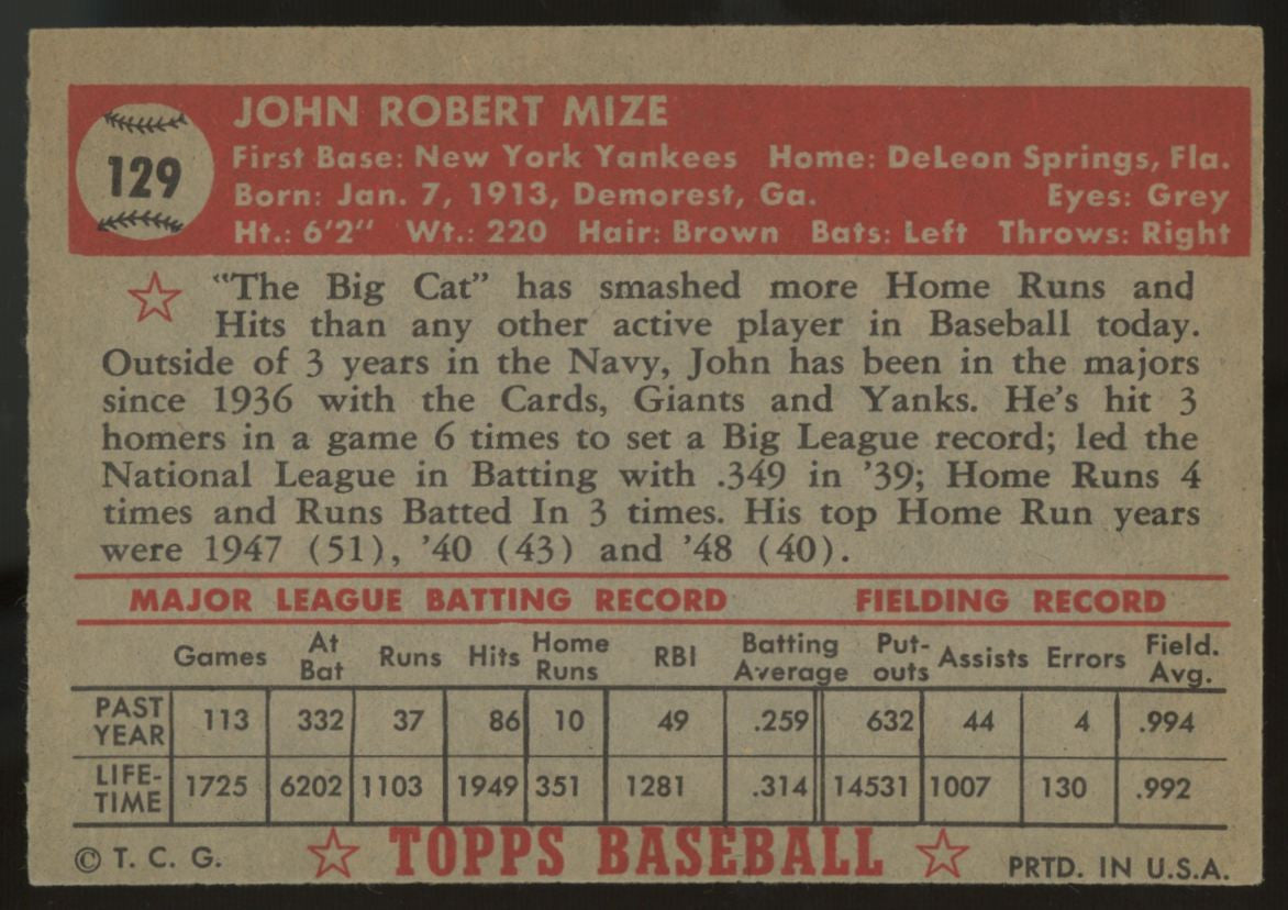 1952 Topps Johnny Mize #129 Good