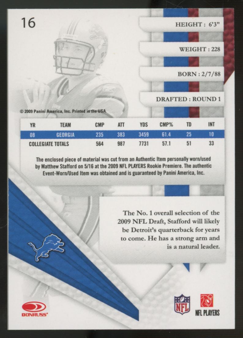 2009 Playoff Absolute Memorabilia Matthew Stafford RC Jersey Collection Patch