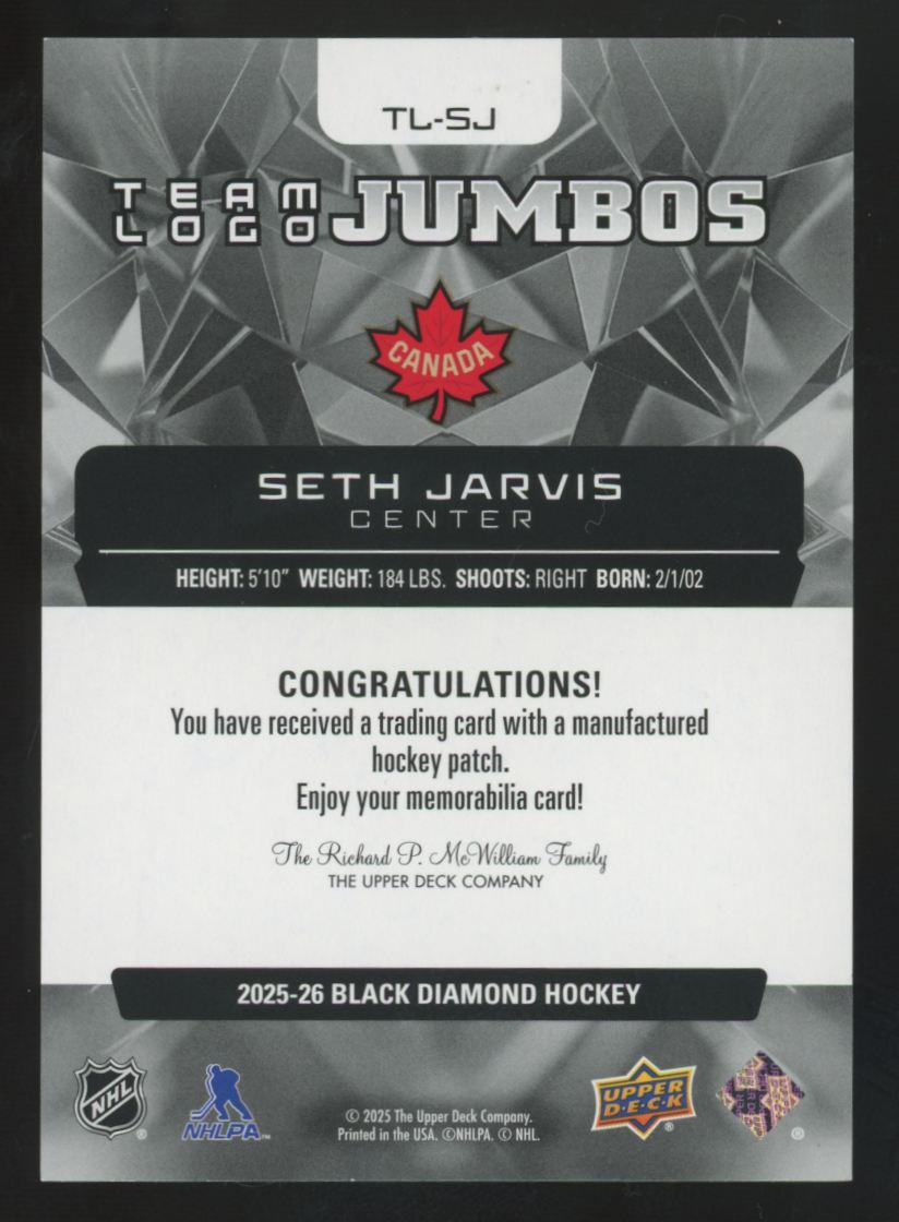 2025-26 UD Black Diamond Seth Jarvis Team Logo Jumbo Manufactured Patch #TL-SJ