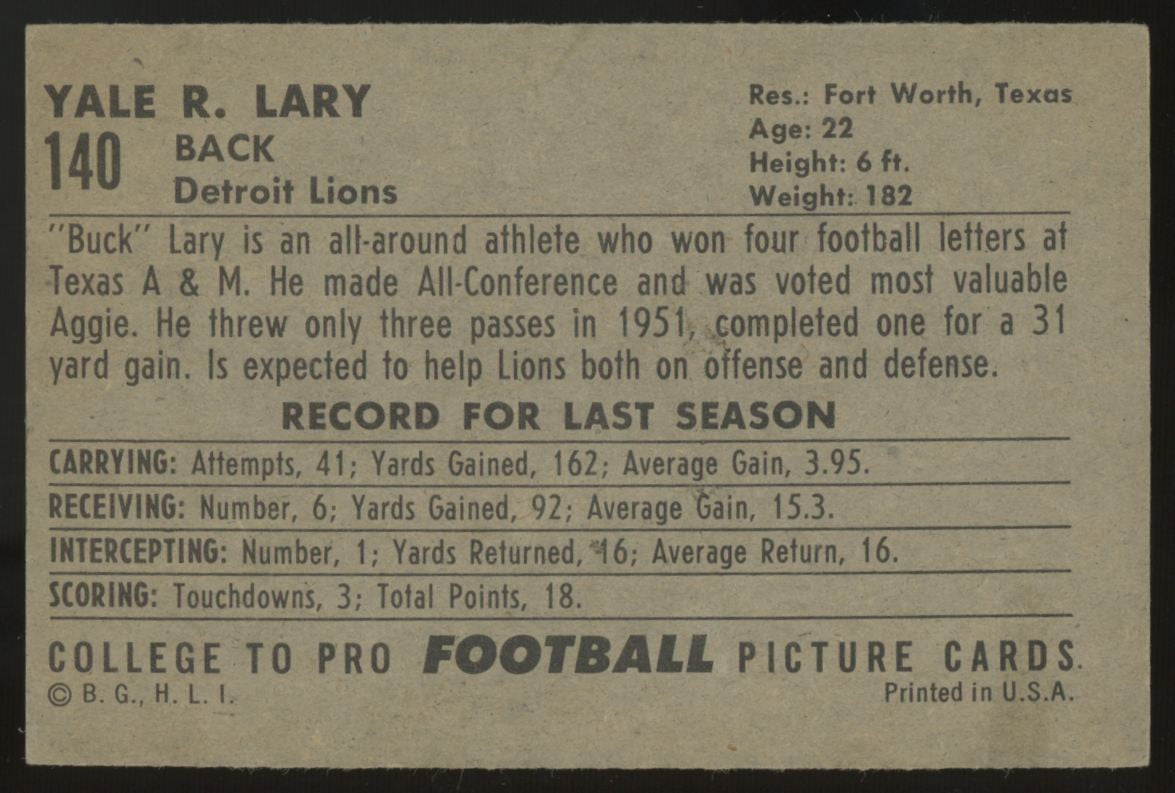 1952 Bowman Large R. Yale Lary RC #140 VG (MC / Wrinkle)