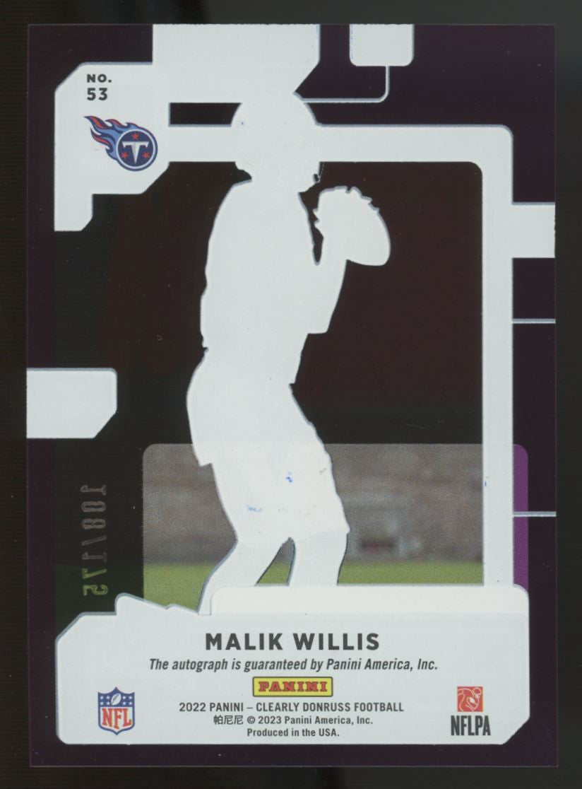 2022 Clearly Donruss Malik Willis Rated Rookie RC Auto Purple /175 #53