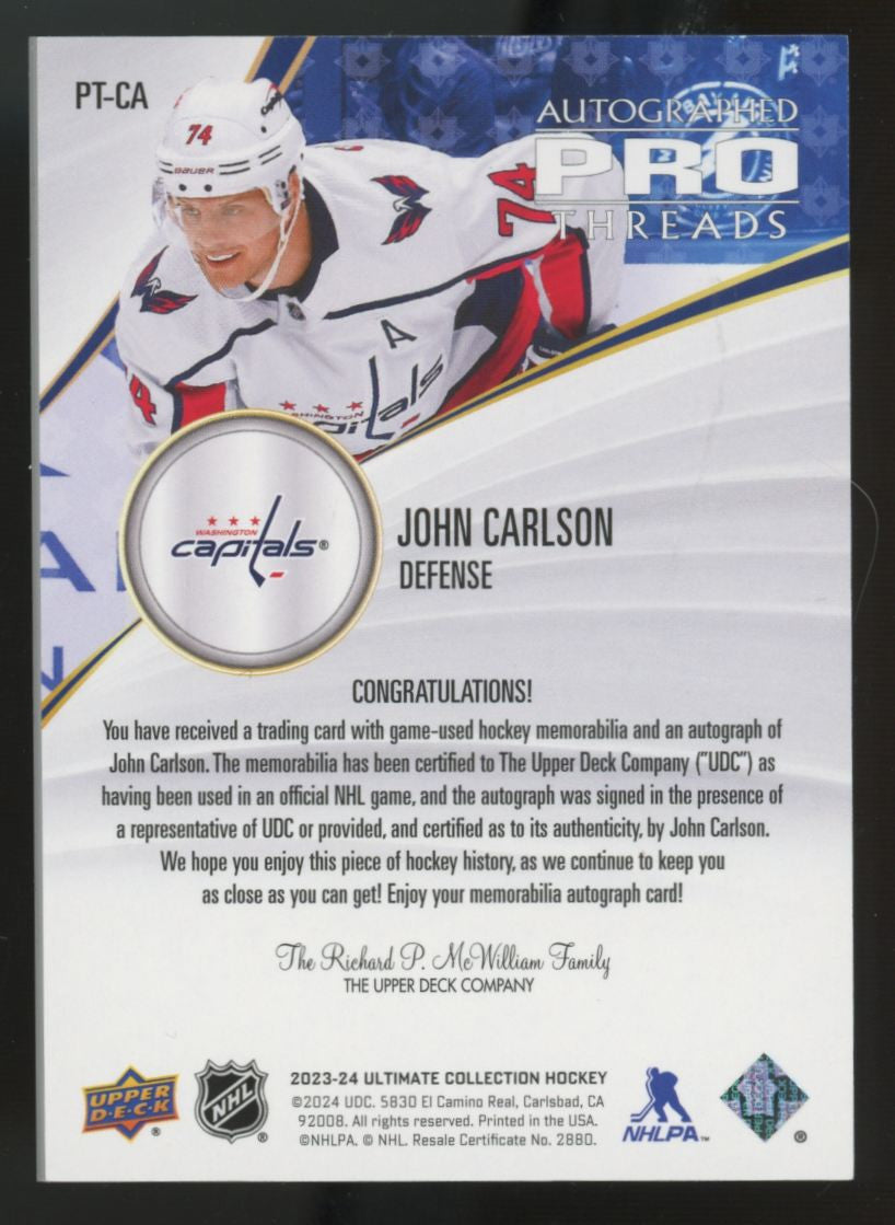 2023-24 UD Ultimate Collection John Carlson Pro Threads Patch Auto /49 #PT-CA