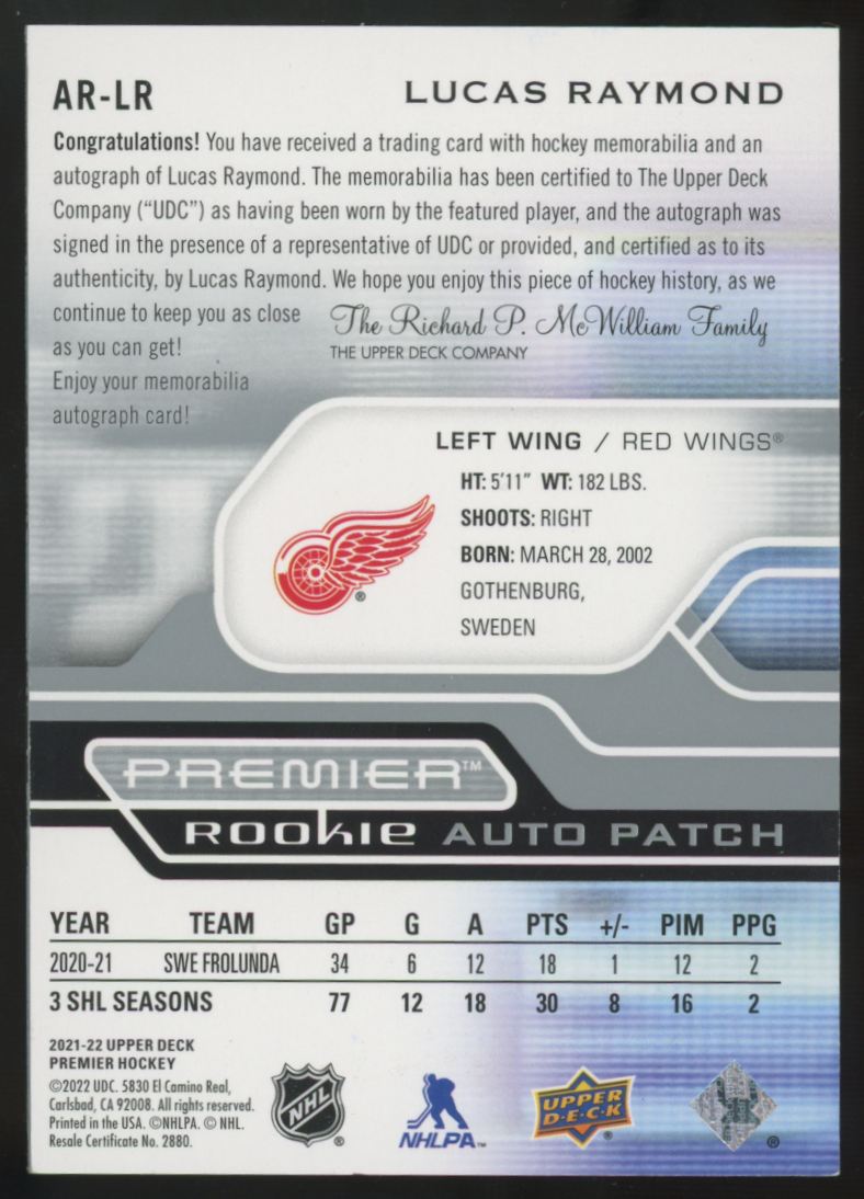 2021-22 Upper Deck Premier Lucas Raymond RC Patch Auto RPA /99 #AR-LR