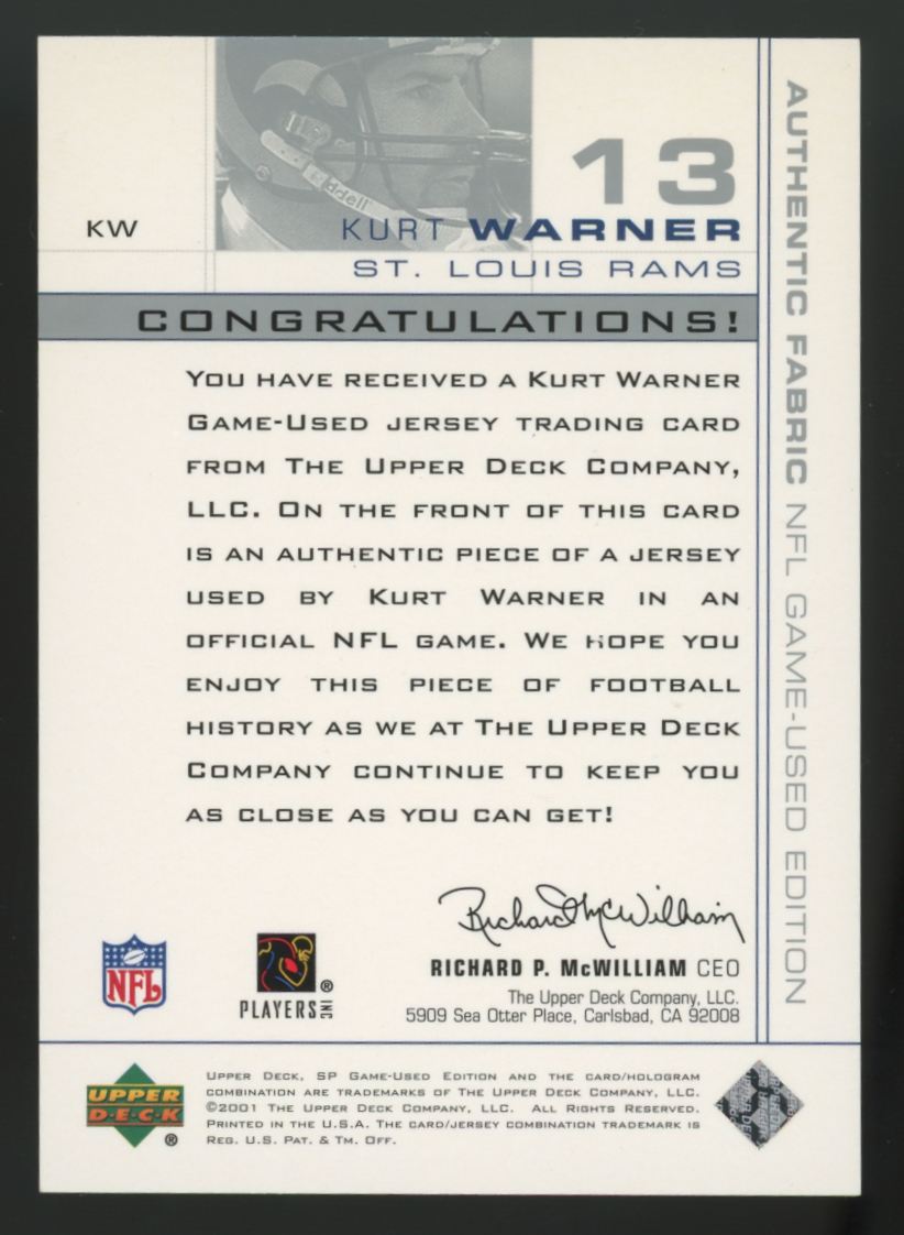 2001 Upper Deck SP Game Used Edition Kurt Warner Patch #KW