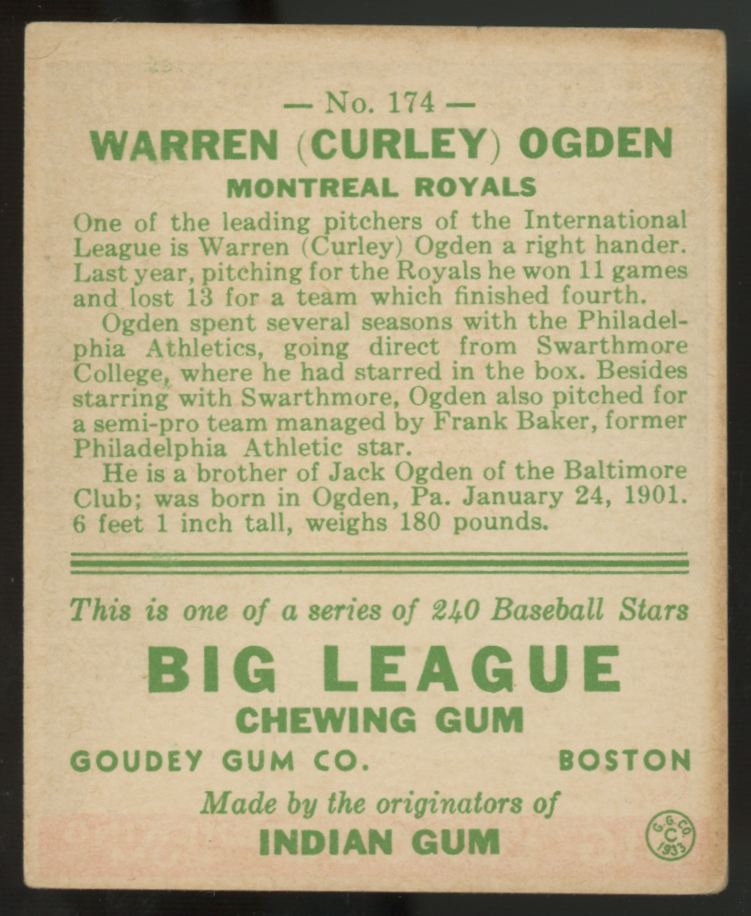 1933 Goudey Warren "Curley" Ogden #174 VG/EX