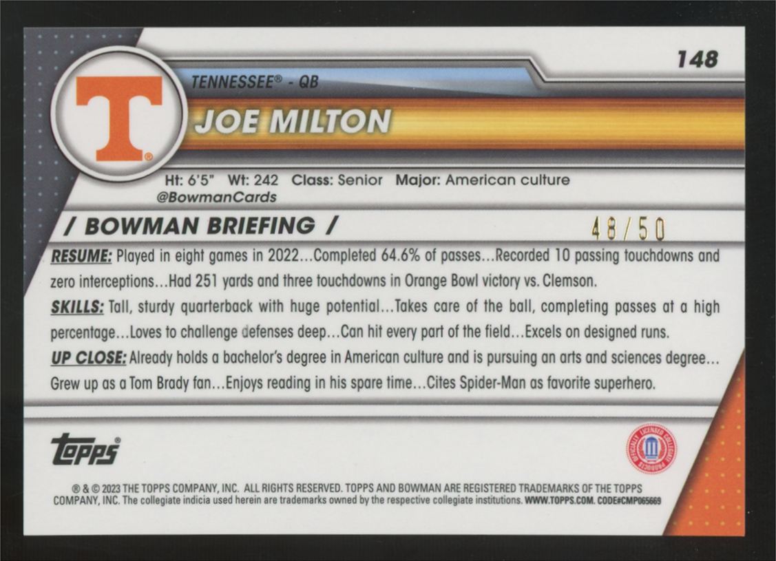 2023 Bowman Chrome U Joe Milton 1st Gold Shimmer Refractor /50 #148