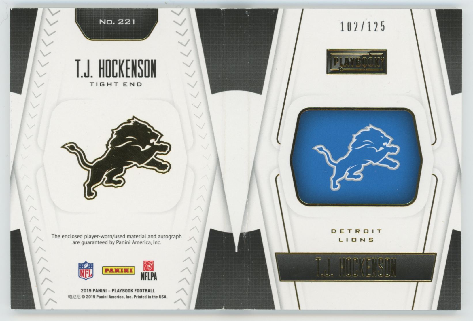 2019 Panini Playbook T.J. Hockenson RC Jumbo Patch Auto Booklet RPA /125 #221