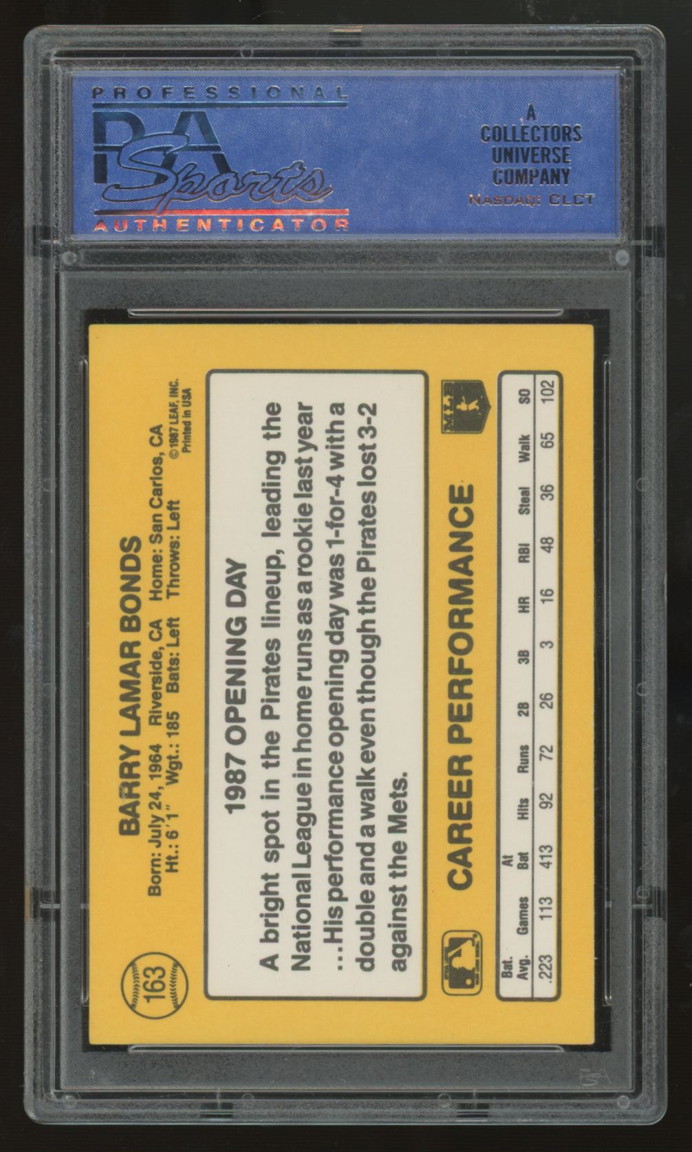1987 Donruss Barry Bonds RC White Jersey Correct Photo #163 PSA 9 *800