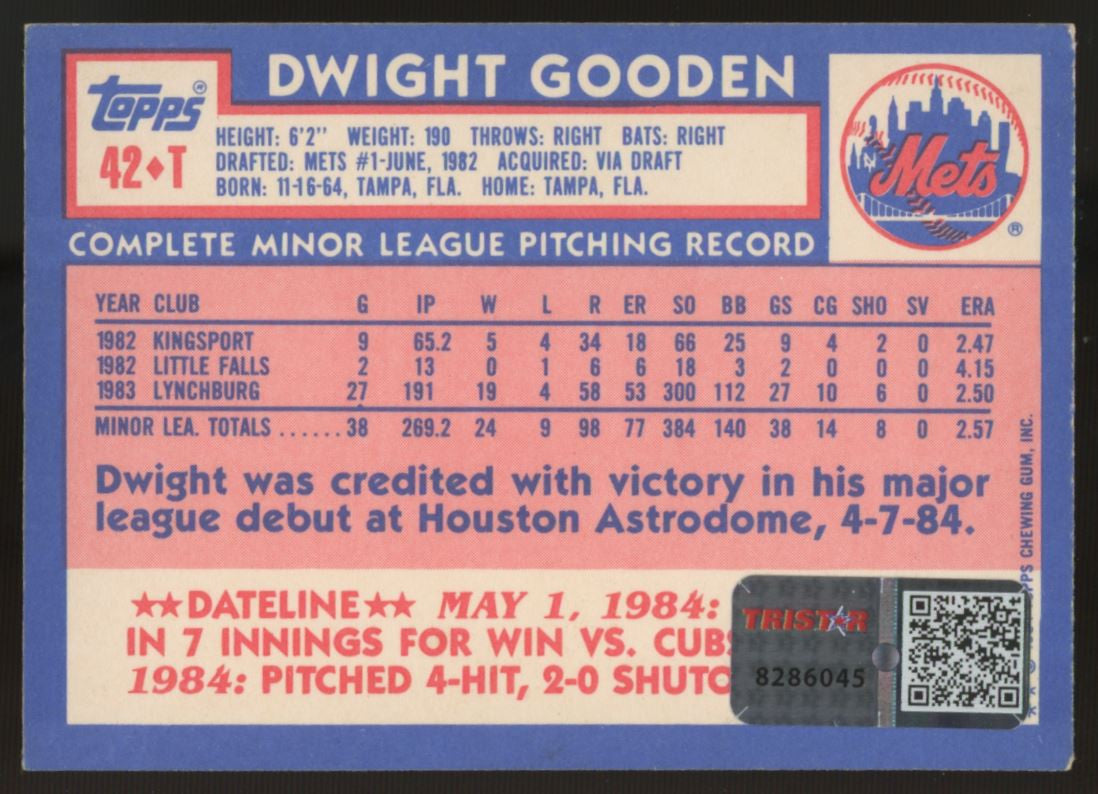 1984 Topps Traded Dwight Gooden RC #42T Signed Auto Tristar