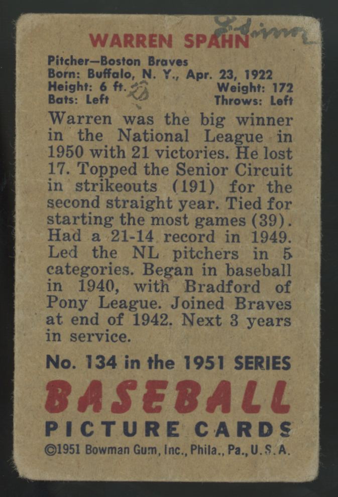 1951 Bowman Warren Spahn Picture Card #134 Poor (MK)