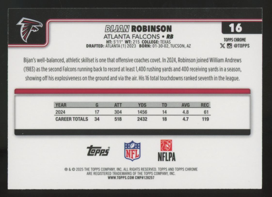 2025 Topps Chrome Bijan Robinson Purple Refractor /75 #16