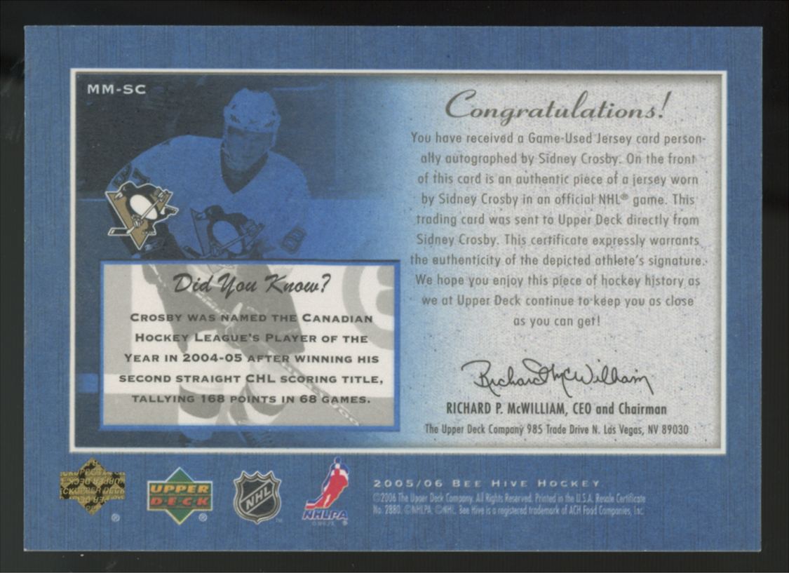 2005-06 Beehive Sidney Crosby RC Remarkable Matted Patch Auto RPA /50 #MM-SC