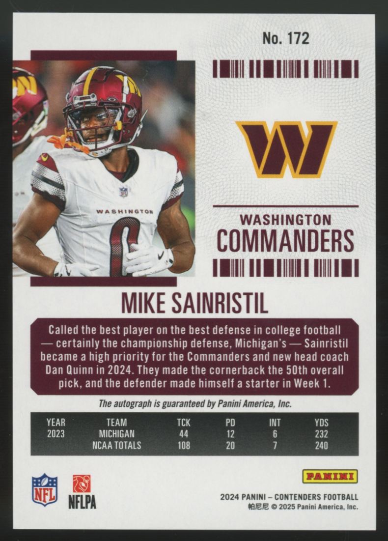 2024 Panini Contenders Mike Sainristil RC Midfield Ticket Auto /50 #172