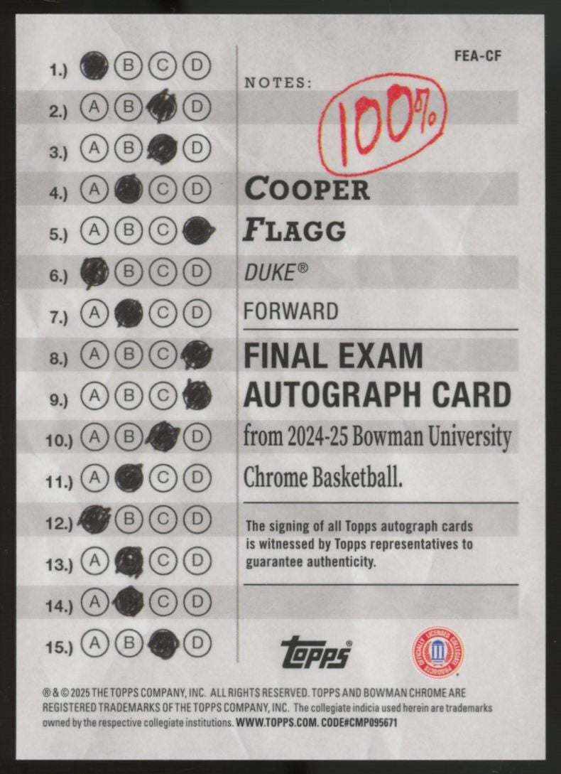 2024-25 Bowman University Chrome Cooper Flagg Final Exam Auto #FEA-CF