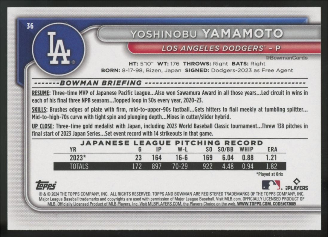 2024 Bowman Yoshinobu Yamamoto RC Blue Border /150 #36