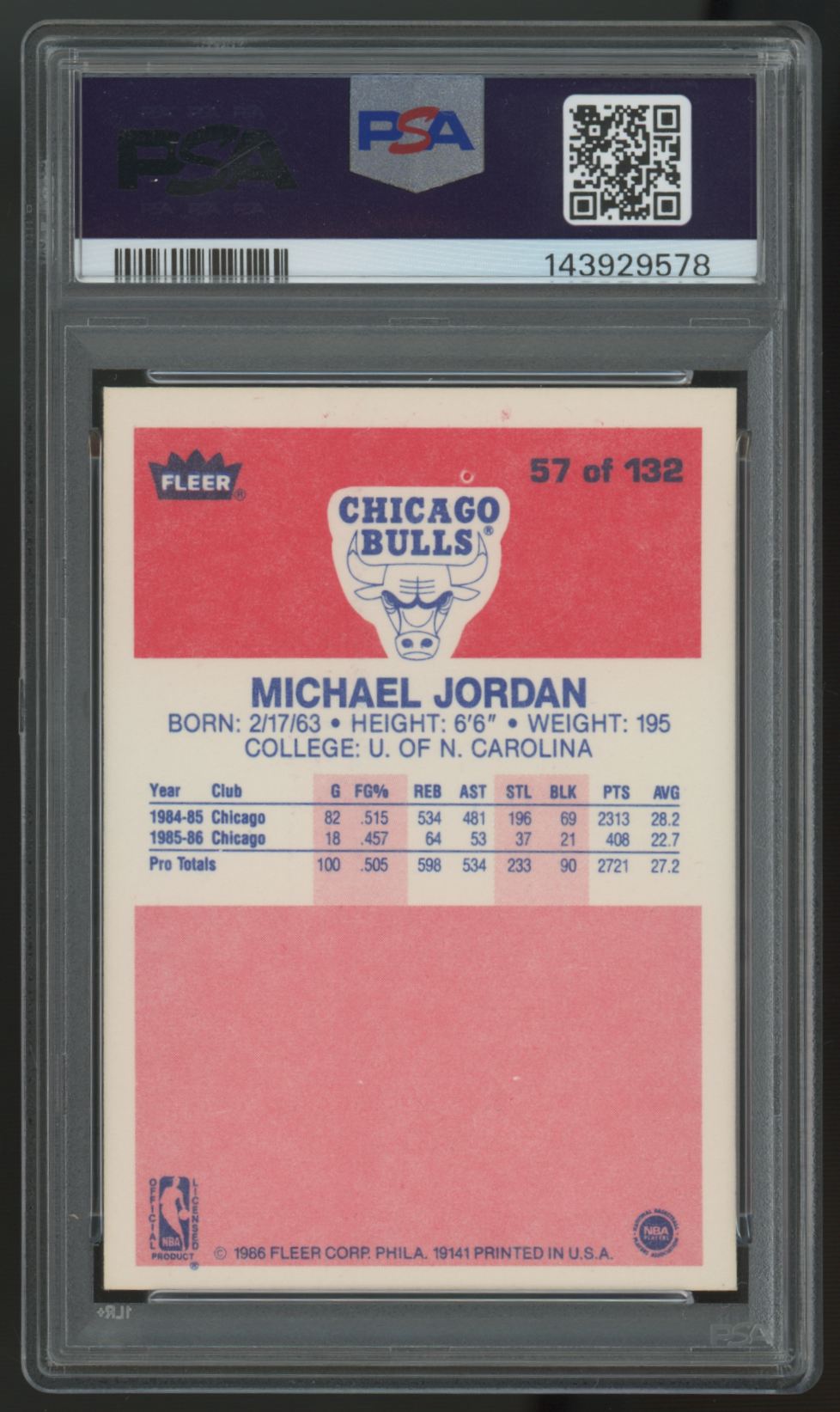 1986/87 Fleer Basketball Michael Jordan RC #57 PSA 6