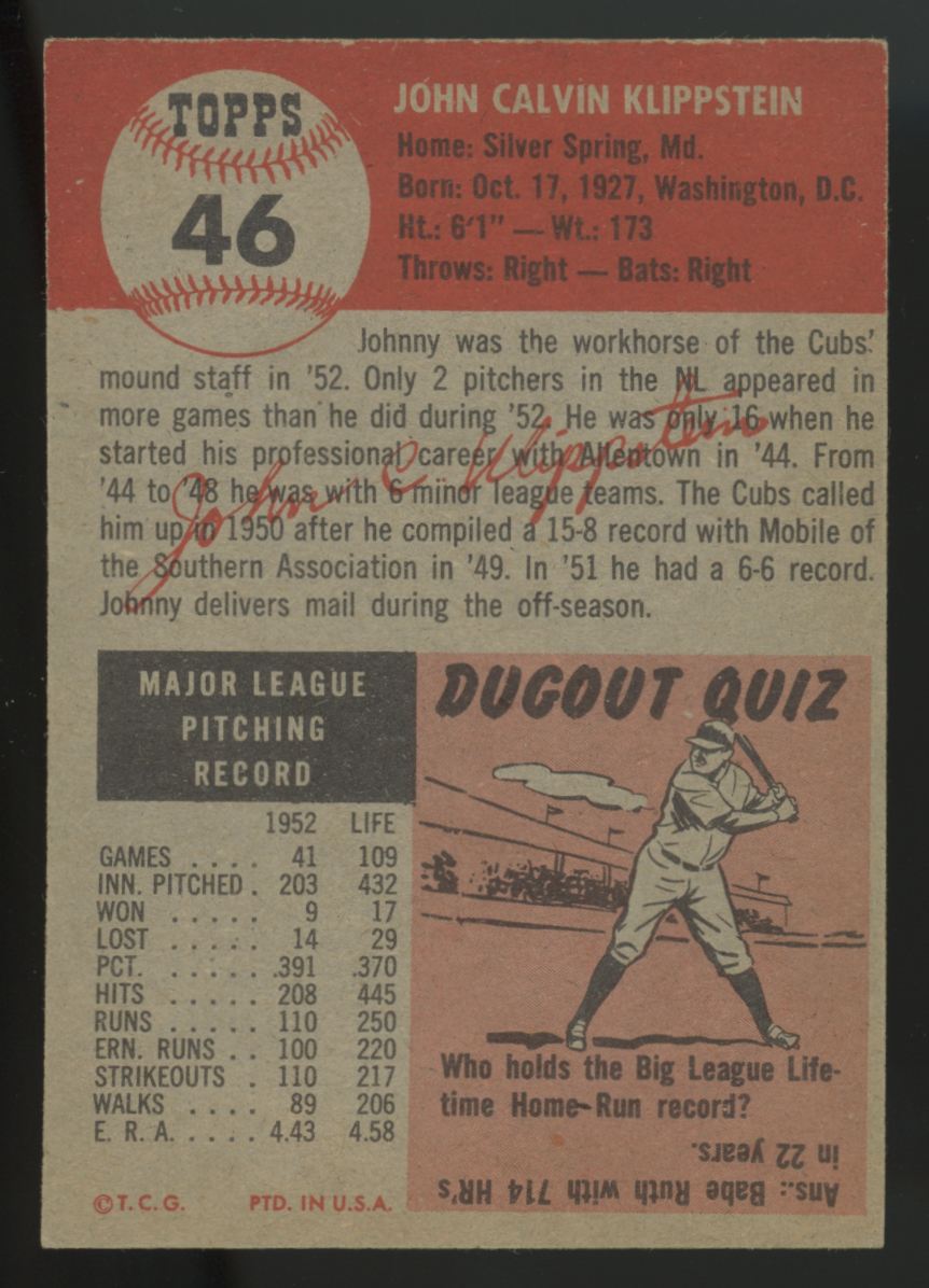 1953 Topps Johnny Klippstein #46 EX+
