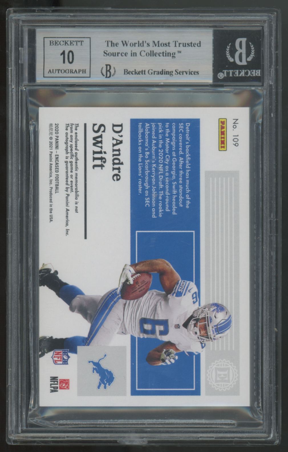 2020 Panini Encased D'Andre Swift RC Cap Patch Auto RPA /50 #109 BGS 9 10