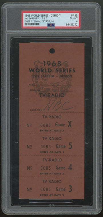 1968 World Series Detroit Tigers TV-Radio Media Pass PSA 6 *242