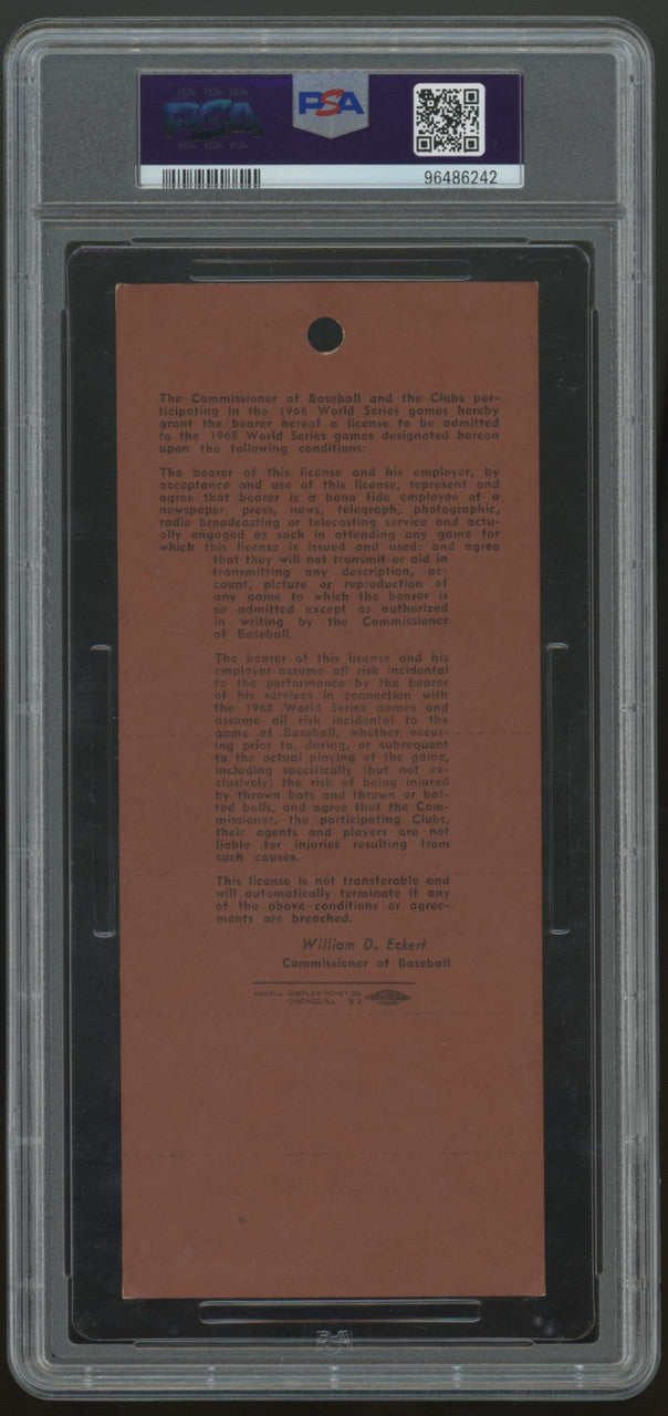 1968 World Series Detroit Tigers TV-Radio Media Pass PSA 6 *242