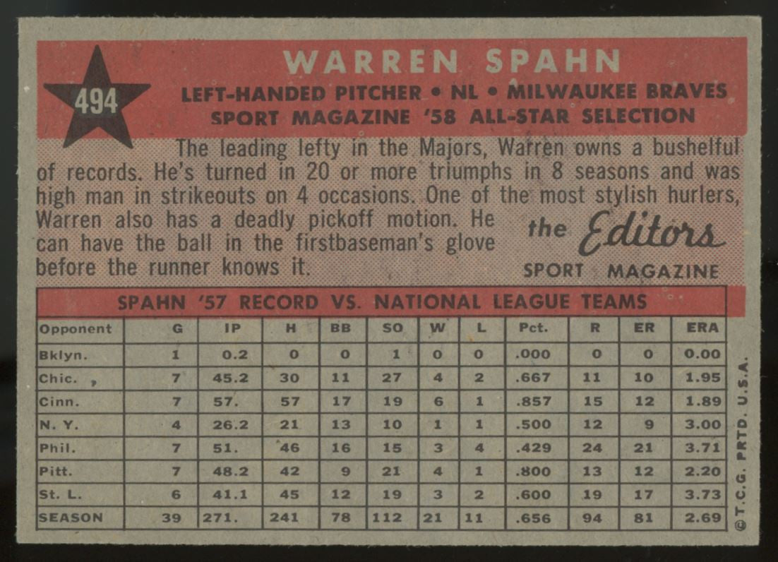 1958 Topps Warren Spahn AS #494 EX/MT