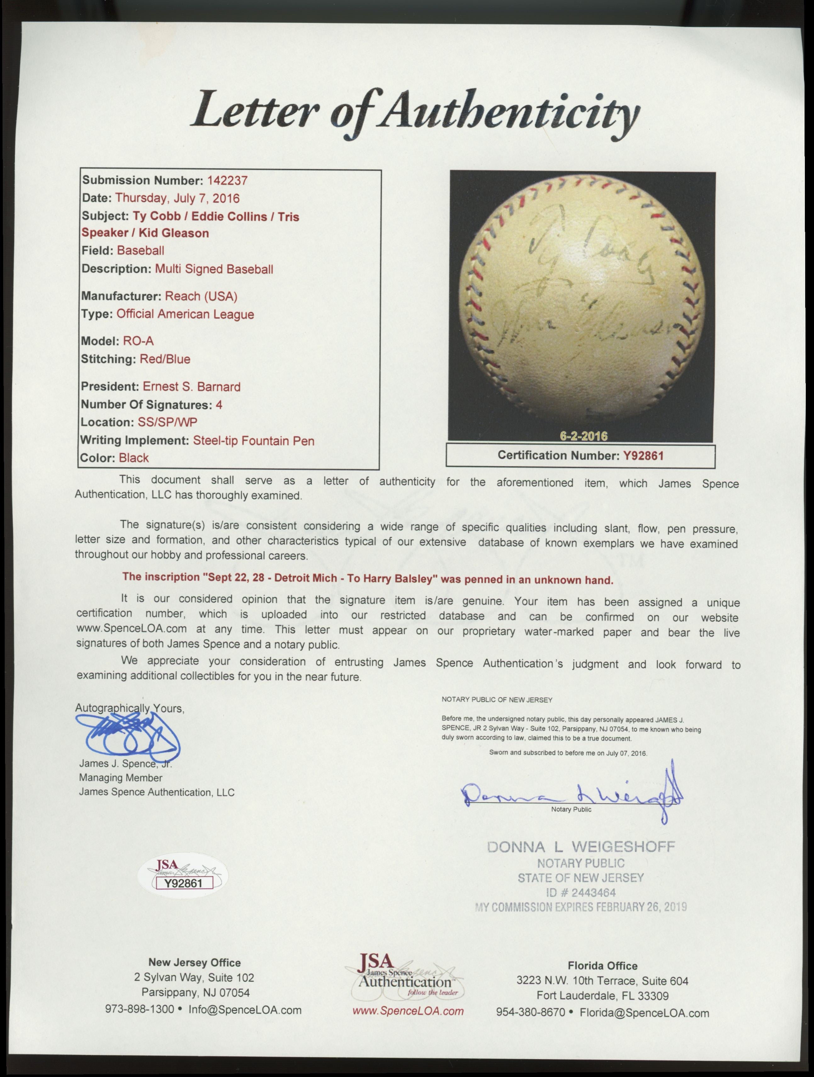 Ty Cobb Signed Autographed OAL Baseball + Speaker, Collins, Gleason JSA