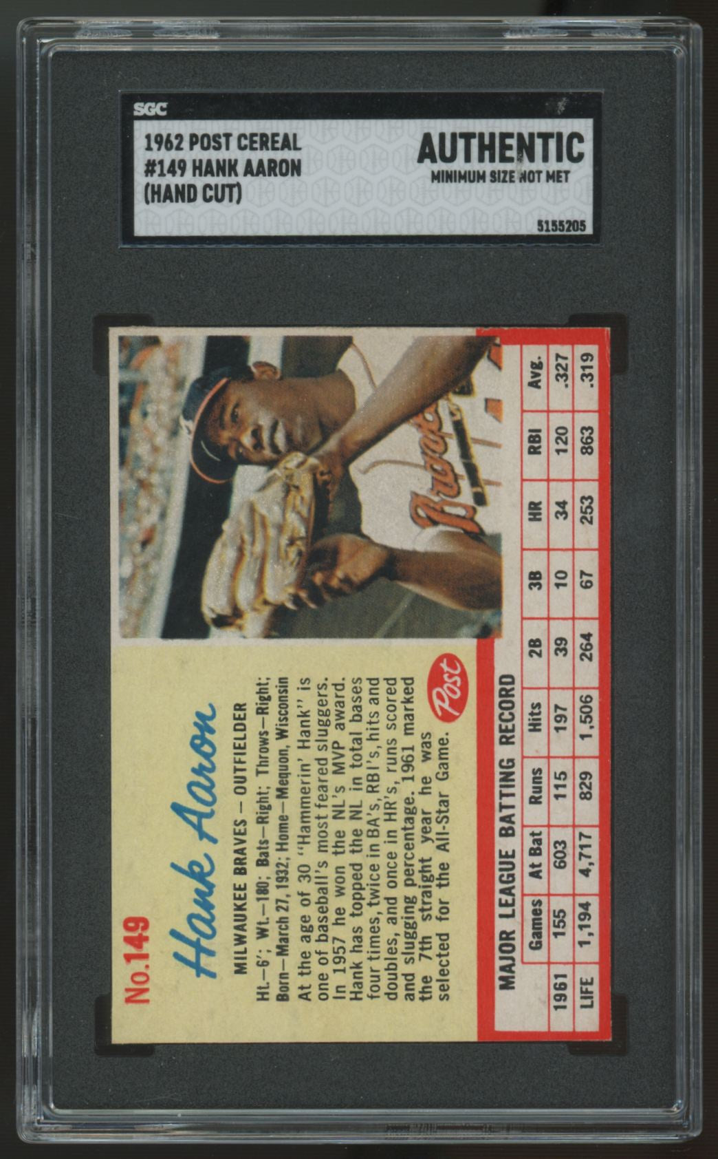1962 Post Hank Aaron Hand Cut #149 SGC Authentic Min. Size
