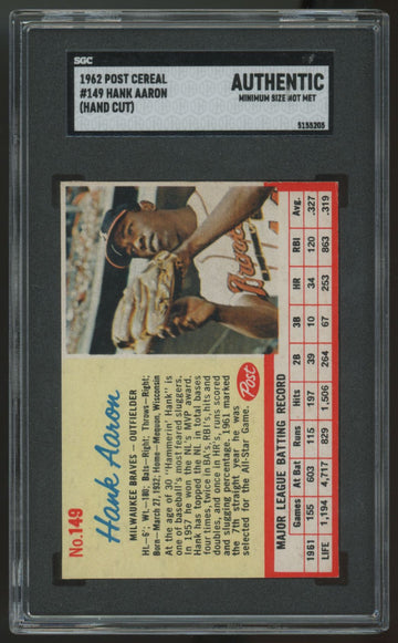 1962 Post Hank Aaron Hand Cut #149 SGC Authentic Min. Size