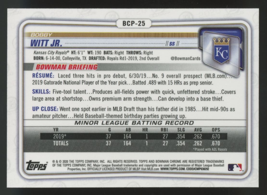 2020 Bowman Chrome Bobby Witt Jr. 1st Prospect #BCP-25