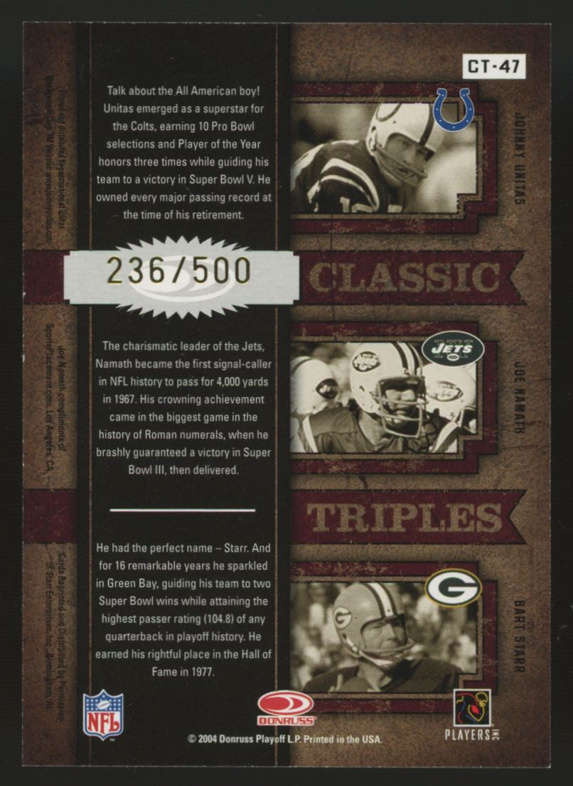 2004 Donruss Classics Unitas Namath Starr Classic Triples /500 #CT-47