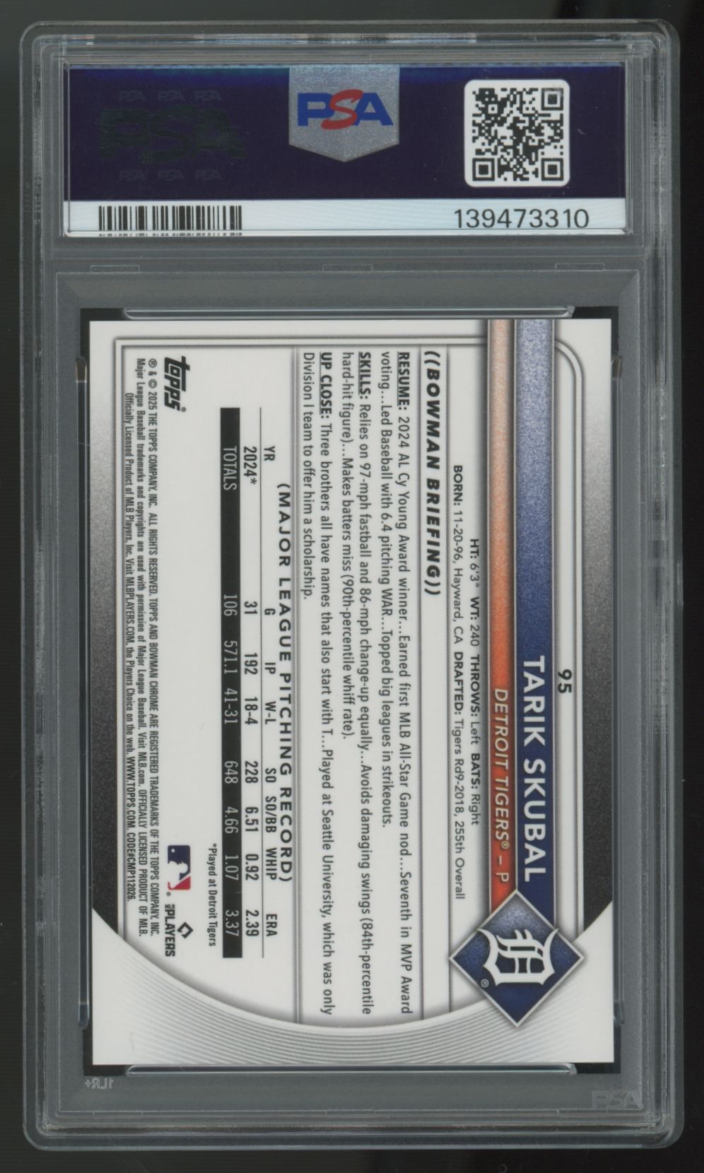 2025 Bowman Chrome Tarik Skubal Orange Refractor /25 #95 PSA 8
