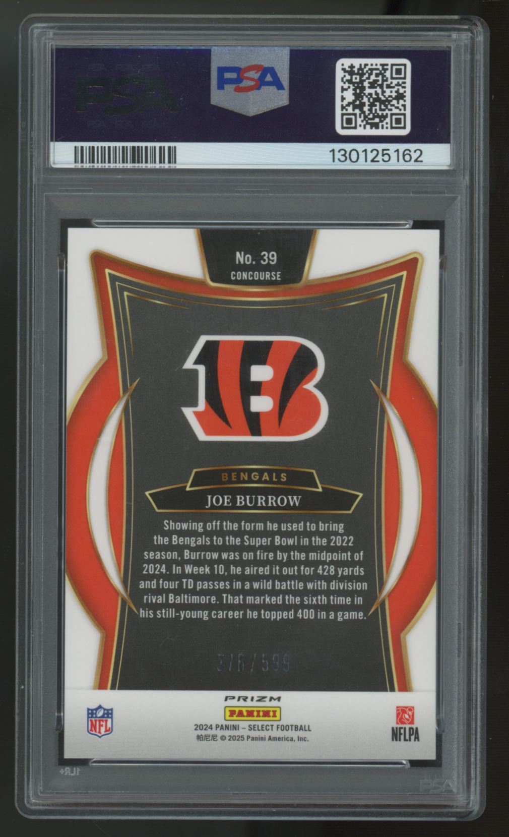 2024 Panini Select Joe Burrow Concourse Neon Green Shock /599 #39 PSA 10