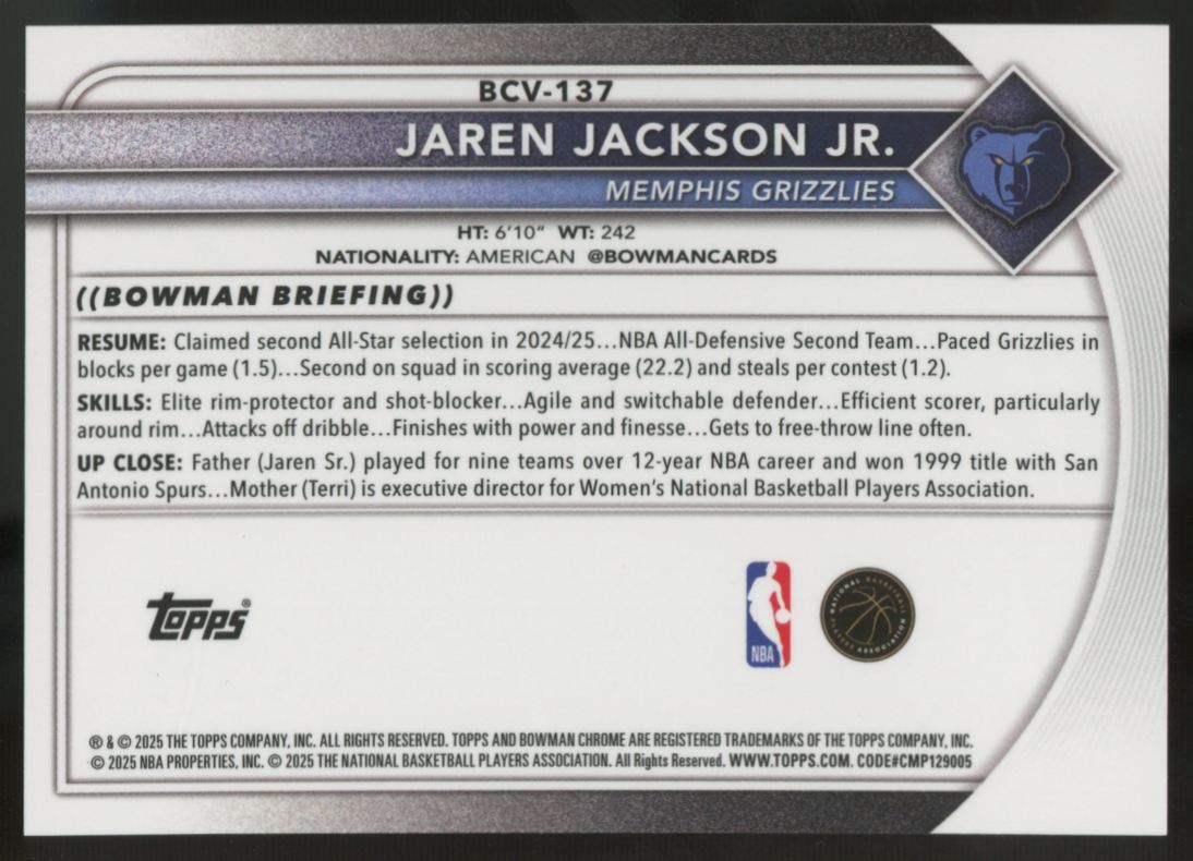 2025-26 Bowman Chrome Sapphire Jaren Jackson Jr. Gold /50 #BCV-137