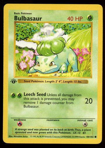 1999 Pokemon Shadowless Bulbasaur Base Set 1st Edition Holofoil LP 44/102 ID: 11870