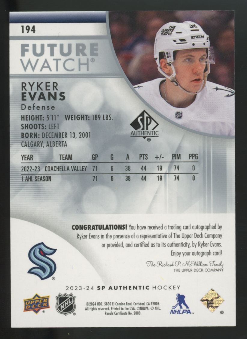 2023-24 Upper Deck SP Authentic Ryker Evans RC Future Watch Auto /999 #194
