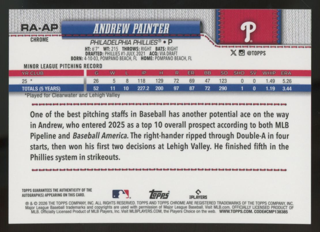 2026 Topps Chrome Andrew Painter RC Purple Raywave Auto /75 #RA-AP