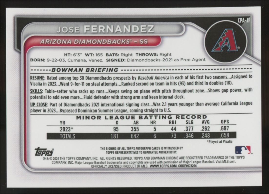 2024 Bowman Chrome Jose Fernandez 1st Prospect Auto #CPA-JF