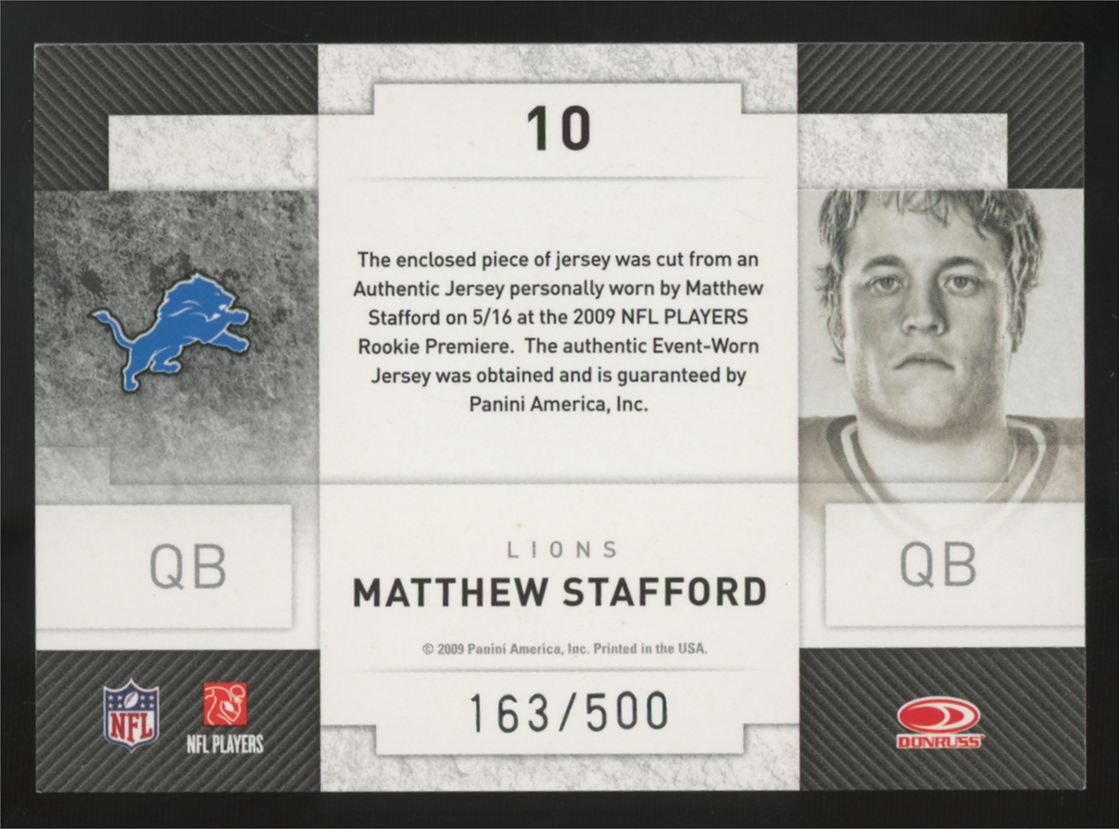 2009 Donruss Threads Matthew Stafford RC Rookie Collection Patch /500 #10