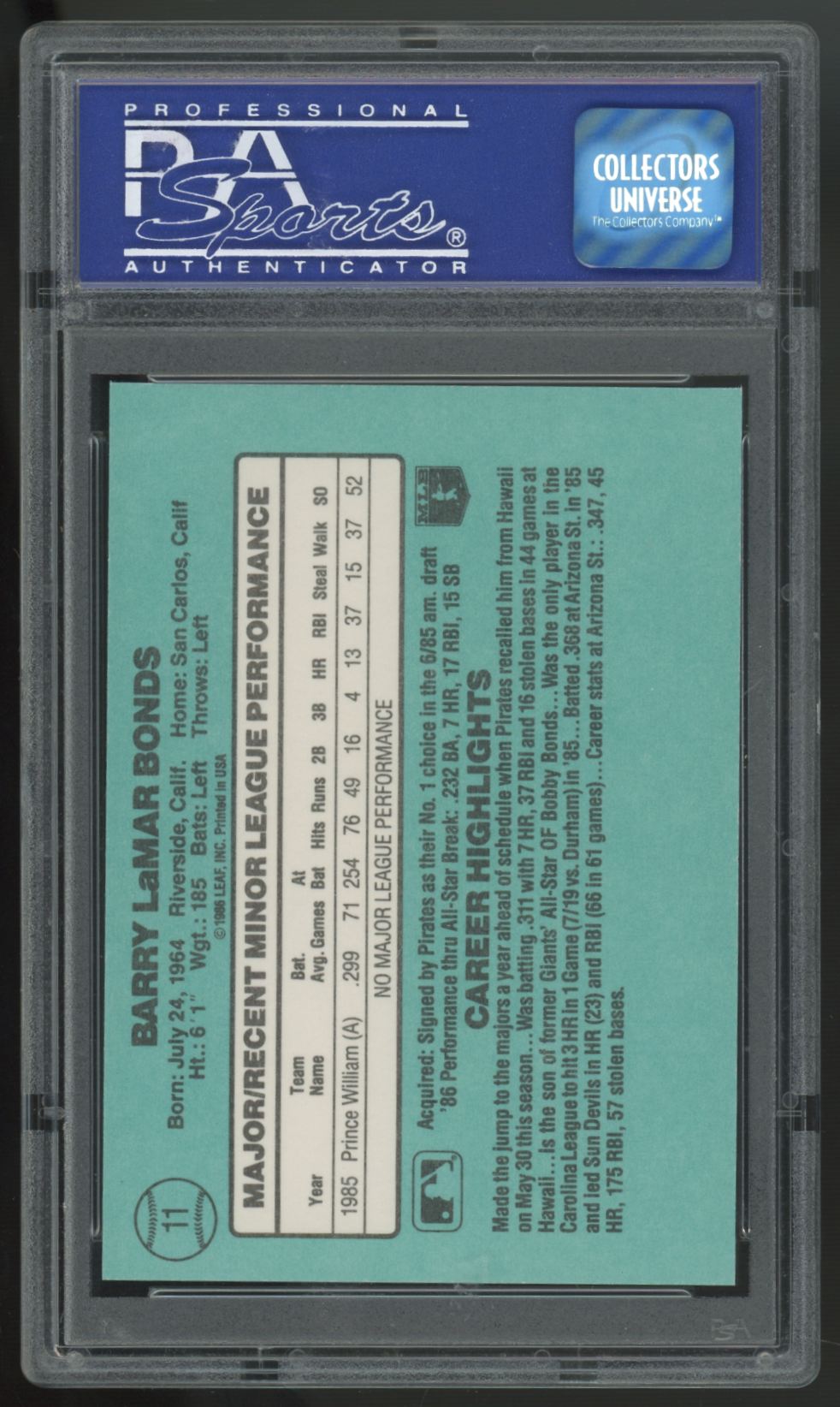 1986 Donruss Rookies Barry Bonds RC #11 PSA 8 *478