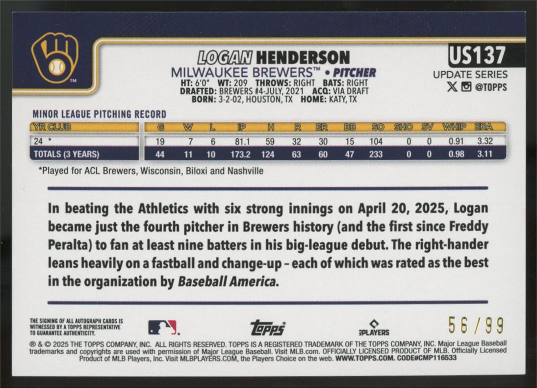 2025 Topps Update Logan Henderson RC Real Ones Green Foil Auto /99 #US137