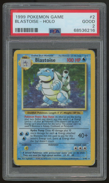 1999 Pokemon Blastoise Base Set Unlimited Holo #2 PSA 2