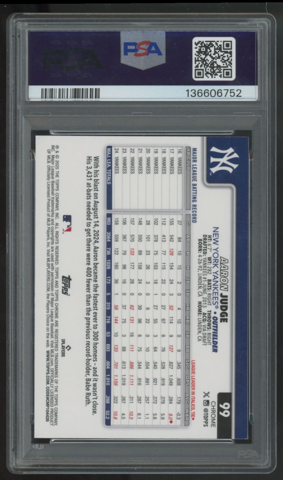 2025 Topps Chrome Logofractor Aaron Judge Green /99 #99 PSA 9