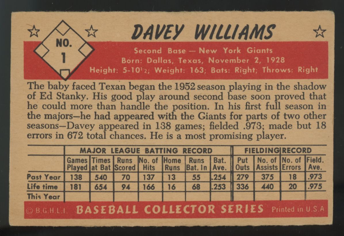 1953 Bowman Color Davey Williams #1 VG