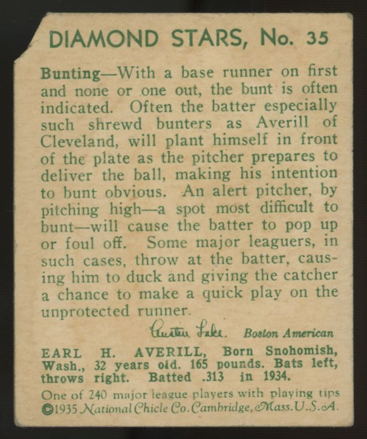 1934-36 1935 Diamond Stars Earle Averill #35 Poor