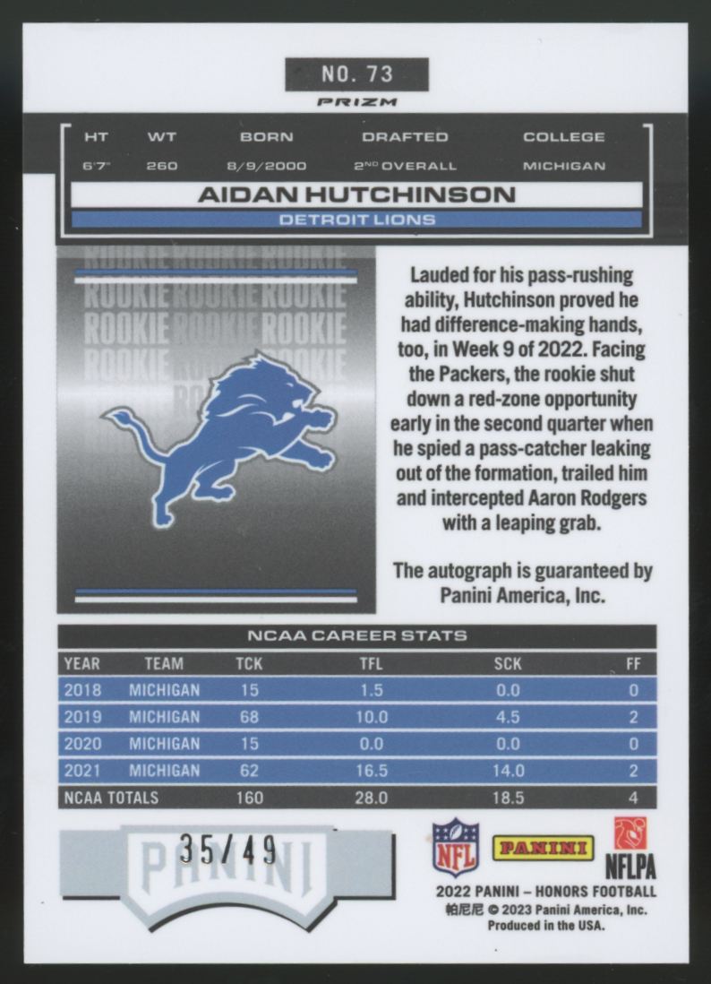 2022 Panini Honors Aidan Hutchinson RC Signatures Auto /49 #73