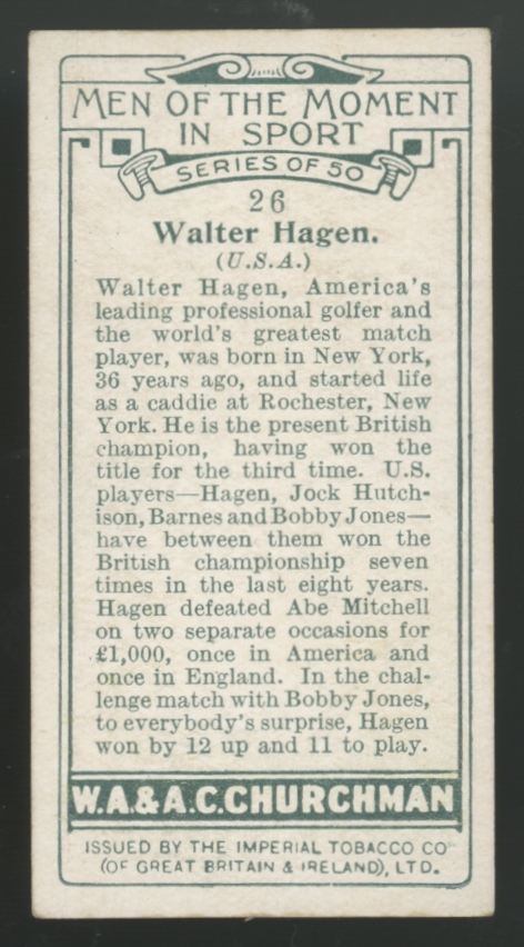 1928 WA&AC Churchman Walter Hagen Men Of The Moment Small #26 EX