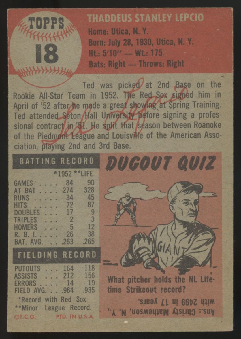 1953 Topps Ted Lepcio #18 EX/MT