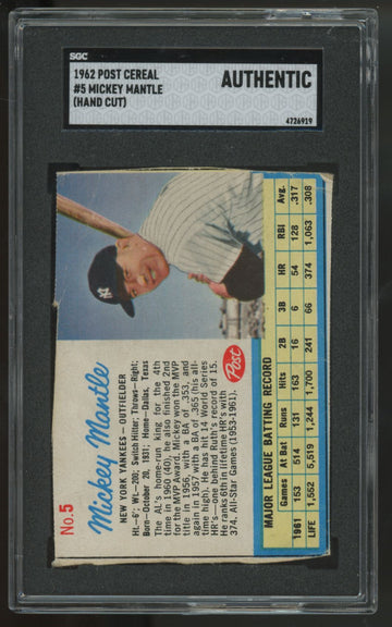 1962 Post Mickey Mantle #5 SGC Authentic (Hand Cut)